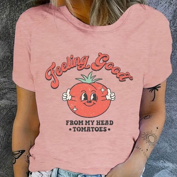 Cartoon Tomato Print Crew Neck T-shirt ‘Feeling good from my head to my … - Picture 1 of 5